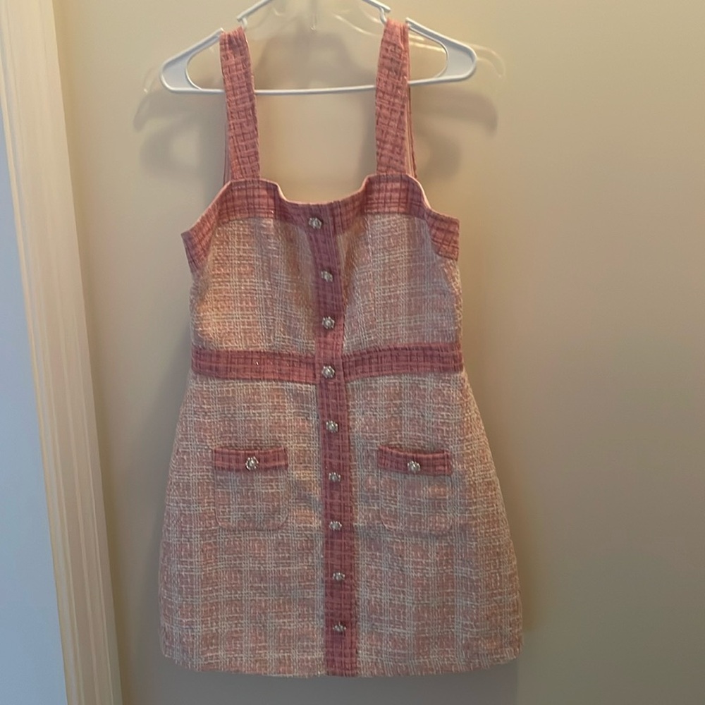 Light pink tweed dress with pearl buttons